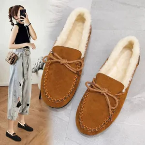 Damen Winter Warm Mokassins Slipper Plüschgefüttert Baumwollschuhe Schleife Flach Wildleder Freizeitschuhe Für Alltag Zuhause