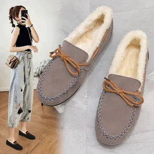 Lässige winterliche pelzgefütterte Damen-Loafer mit Schleife und grauem Wildleder-Finish