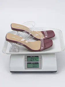 Weight measurement of square toe wine red high heel sandals with transparent straps