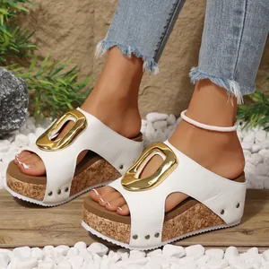 Women Wedge Sandals Platform Peep Toe Slides Studded PU Leather Summer Outdoor Slides Gold Buckle High Heel Beach Shoes