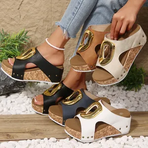 Stylish wedge platform open toe sandals for women featuring gold buckle and rivet details