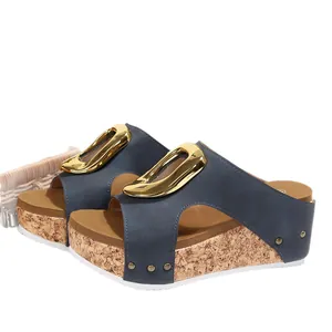 Stylish blue platform wedge sandals featuring oversized gold buckle and cork textured sole