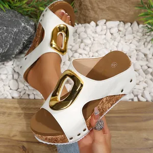 Elegant white wedge platform sandals featuring gold buckle and rivet accents for summer