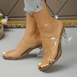 Sexy transparent square toe high heel sandals with clear wine-glass heel for summer