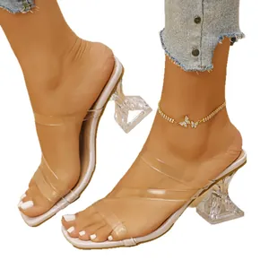 Elegant transparent square toe high heel sandals with stylish clear wine glass heels