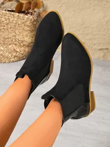 Stylish black frosted leather Chelsea boots with chunky mid heel and pointed toe design