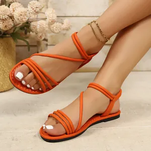 Sandalias Planas de Estilo Romano para Mujer con Correas Cruzadas Zapatos de Playa Cómodos con Banda Elástica Suela de Goma PU Sandalias de Verano
