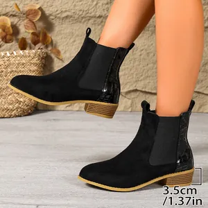 Women's black faux suede Chelsea boots with 3.5cm block heel and crocodile pattern detail.