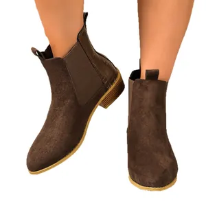 Classic vintage brown matte leather Chelsea boots for women with a comfortable square mid-heel