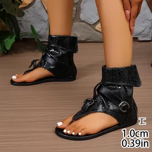 Schwarze Römersandalen mit Schlangenmuster, Schnalle, 1,0 cm flache Sohle Ansicht