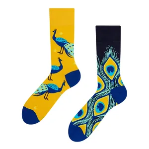 Colorful mismatched animal jacquard cotton crew socks with vibrant peacock feather patterns