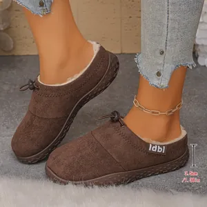 Brown suede fur-lined slippers for winter featuring a 3.5cm heel height measurement