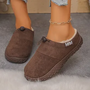 Cozy brown plush-lined outdoor slippers with drawstring and rubber sole
