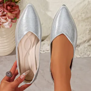 Elegant silver pointed-toe flat shoes with a textured glitter finish for women modern.