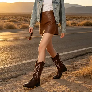 Bottes de cowboy marron brodées sur une route désertique pendant le coucher du soleil