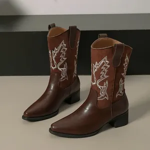 Bottes de Cowboy Western Vintage pour Femmes Cuir Synthétique Mi Mollet Bout Pointu Talon Épais Bottes de Mode Brodées