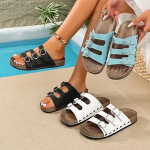 Sandales à trois boucles avec semelle en liège confortable en plusieurs couleurs
