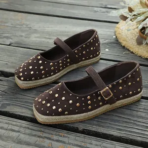 Stylish brown Mary Jane flats with gold studs and woven espadrille platform sole for women