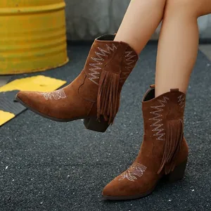 Women's Western Cowboy Ankle Boots Pointed Toe Block Heel Tassel Fringe Embroidered Knight Boots PU Suede Fall Winter Shoes