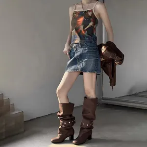 Fashionable cat print camisole and denim mini skirt street style outfit