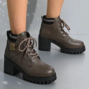 Stylish women's brown chunky heel ankle boots with lace-up and knit collar details