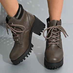 2026 stylish brown lace-up ankle boots with chunky platform lug sole for women