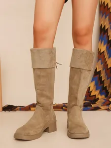 Women's khaki faux suede knee-high boots with block heel and stylish folded cuff design.