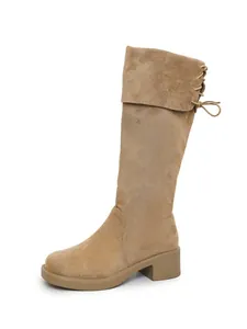 Detailed side view of women's suede knee-high boots in khaki with stylish chunky heel