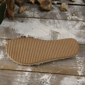 Detailansicht der rutschfesten Sohle einer Bohemian-Sandale mit gewellter Textur
