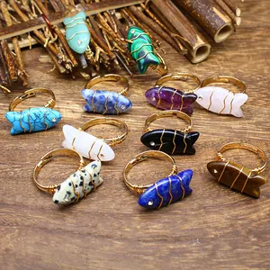 Handmade Wire Wrapped Natural Stone Fish Ring For Women Men Adjustable Amethyst Turquoise Lapis Lazuli Malachite Carved Animal Ring Finger Jewelry
