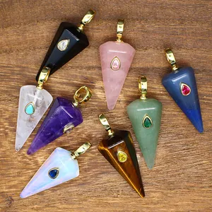 Natural Stone Hexagonal Cone Pendant Necklace For Women Zirconia Inlaid Healing Crystal Tiger Eye Point Jewelry Gift