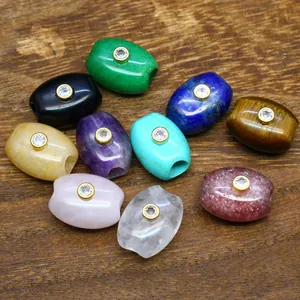 Natural Stone Barrel Pendant Rhinestone Inlaid DIY Jewelry Making Accessories Lapis Lazuli Amethyst Strawberry Quartz Pendants