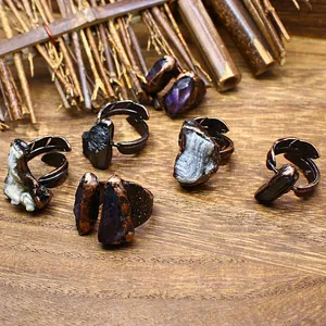 Natural Raw Stone Ring Irregular Crystal Black Tourmaline Agate Druzy Open Ring Vintage Bohemian Jewelry For Men Women