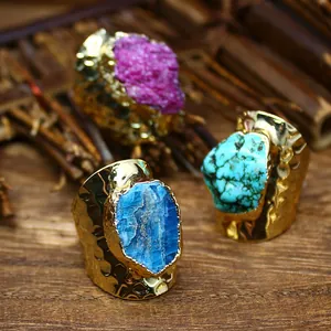Natural Raw Stone Adjustable Ring For Women Bohemian Hammered Gold Plated Alloy Crystal Amethyst Turquoise Ruby Open Rings