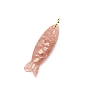 Detailed macro view of pink natural stone fish pendant featuring a LOVE engraving on body