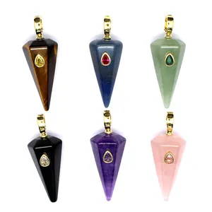 Detailed view of six colorful hexagonal cone natural stone pendants with gemstone inlay