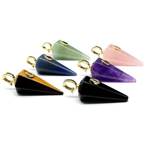 Detailed view of assorted natural gemstone hexagonal cone pendants with gold plated crystal bails