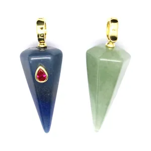 Close-up view of hexagonal cone stone pendants featuring inset gemstone and gold bail