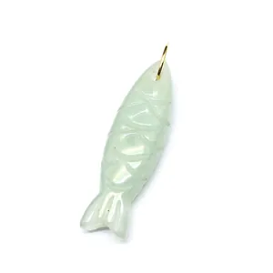 Close-up detail of a hand-carved natural green amazonite fish pendant for necklaces