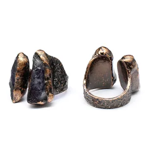 Detail view of vintage raw natural stone adjustable ring with rustic bronze finish.