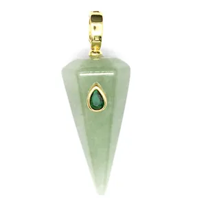 Detailed view of hexagonal pyramid natural stone pendant featuring a green crystal inlay