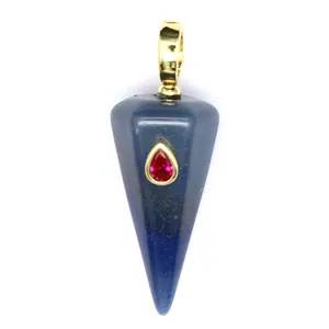 Detailed view of a blue stone cone pendant with an inlaid red teardrop gemstone.