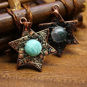Vintage Hexagramme Étoile de David Collier Pendentif Pierre Naturelle Alliage Vieilli Bijoux Religieux Pour Hommes Femmes