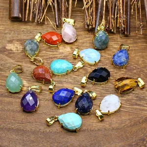 Collier Pendentif Facetté en Pierre Naturelle Goutte d'eau pour Hommes Femmes Agate Quartz Forme de Goutte Bijoux en Alliage Cadeau