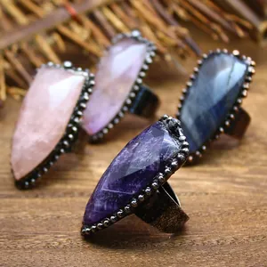 Anillo de Piedra Natural con Forma de Escudo Vintage Ajustable Labradorita Amatista Cuarzo Rosa Cristal Facetado Joyería Bohemia