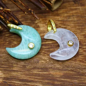 Natural Stone Zirconia Moon Pendant Necklace Gold Plated Crescent Amethyst Rose Quartz Lapis Lazuli Jewelry For Women Gift