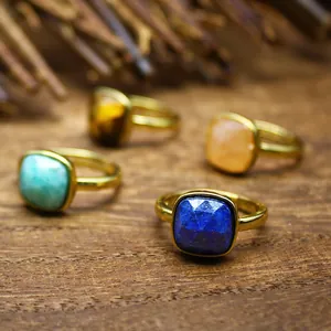 Bague Ouverte en Pierre Naturelle Plaqué Or 24K Taille Carrée Réglable Lapis-lazuli Amazonite Améthyste Bijoux de Mode pour Femmes Hommes