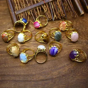 Anello Aperto in Pietra Naturale Placcato Oro 24K Lusso Regolabile Agata Ametista Ovale Gemma Moda Retro Gioielli per Donna