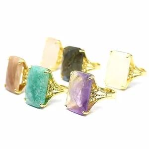 Multiple colors of large rectangular natural stone rings with gold adjustable bands