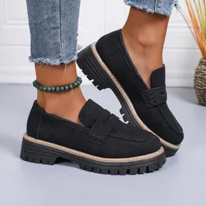 Vintage style women's black suede platform loafers with chunky heel and 4.2cm thick sole